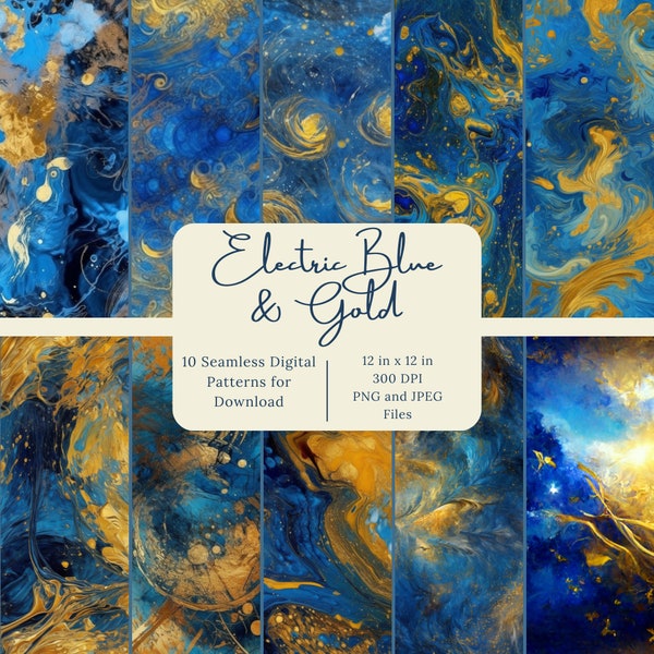 Electric Blue and Gold Seamless Digital Pattern Set - Commercial Use, Printable Scrapbook Paper Download