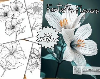 30 Pages Adult Fantastic Flowers Coloring Book by Rosi Red.
