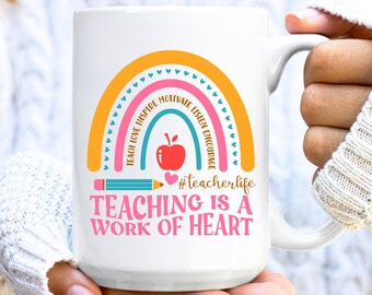 Teacher Mug Teaching Is A Work of Heart Rainbow Retro Graphic Teacher Coffee Cup Gift for Back to School Teacher Appreciation Gift Tea Mug
