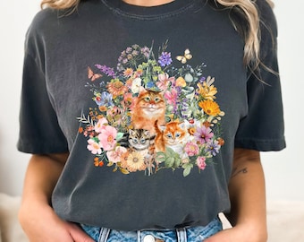 Cottage Core Cat Shirt Floral Shirt Vintage Garden Kitten T-shirt Gift for Cat Lover Tshirt for Cat Mom Cute Kitten Shirt Gifts for Girls