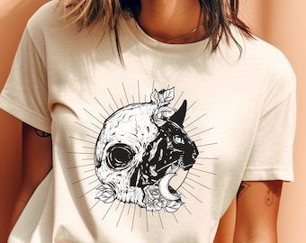 Halloween Shirt Skull and Black Gothic Cat Tshirt Halloween Gift for Cat Lover Cat Lady Gift Witch T-Shirt Skeleton and Cat Fall Tee