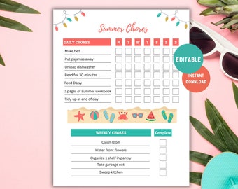 Printable Summer Chore Chart: Editable Kids Responsibility Chart (Digital Download)