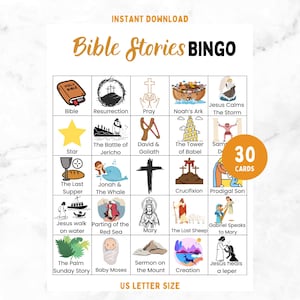 Bingo della Bibbia/ Bingo delle storie della Bibbia/ 30 carte del bingo della Bibbia/ Attività biblica per bambini/ Attività biblica/ Bingo della scuola domenicale/ Gioco delle storie della Bibbia