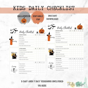 Kinderen dagelijkse school checklist schema afdrukbaar | Bewerkbare klusgrafiek | Kinderkarweienschema | Grafiek voor dagelijkse routineverantwoordelijkheden | Halloween