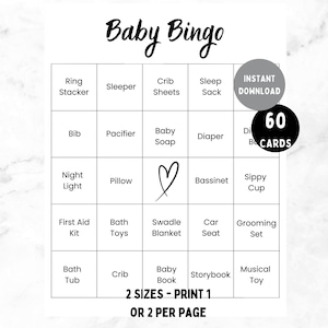 60 bingokaarten voor babyshowers | Unieke voorgevulde babybingospelkaarten | Bingokaarten voor babycadeau | Bingospel babyshower | Minimalistische babybingo