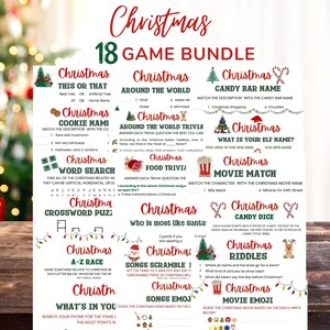 May include: A printable Christmas game bundle with 18 different games. The games include word searches, trivia, matching, and more. The games are all themed around Christmas.