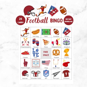 Bingo de fútbol, 20 cartones de bingo de fútbol, Actividad de fútbol, Juego de bingo de fútbol imprimible para niños, Juego de fiesta de fútbol, Fútbol americano