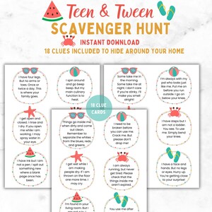 Búsqueda del tesoro, Pistas para adolescentes y preadolescentes, Descarga instantánea, Actividad divertida en interiores, Diseños temáticos coloridos, Tarjetas de pistas imprimibles