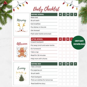 Kinderen dagelijkse school checklist schema afdrukbaar | Bewerkbare klusgrafiek | Kinderkarweienschema | Grafiek voor dagelijkse routineverantwoordelijkheden | Kerstmis