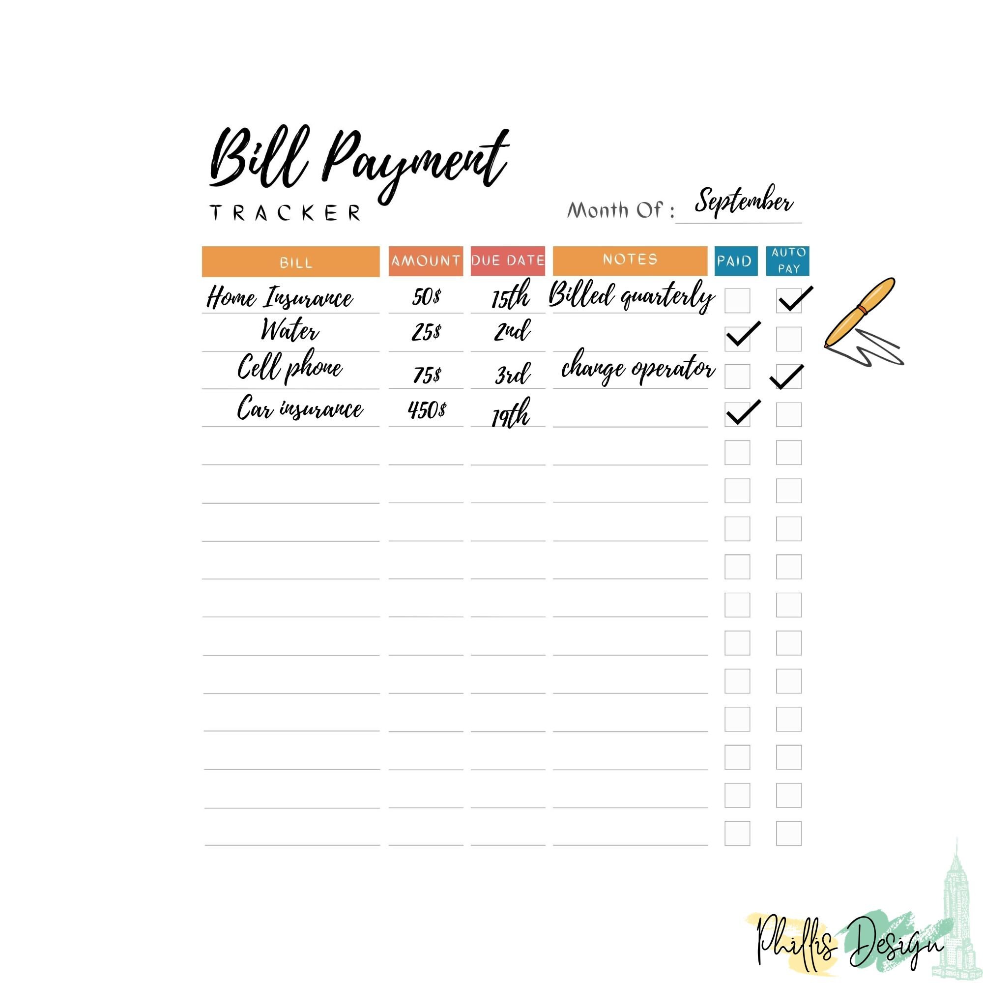 Editable Monthly Bill Payment Tracker|printable Bill Payment Checklist ...