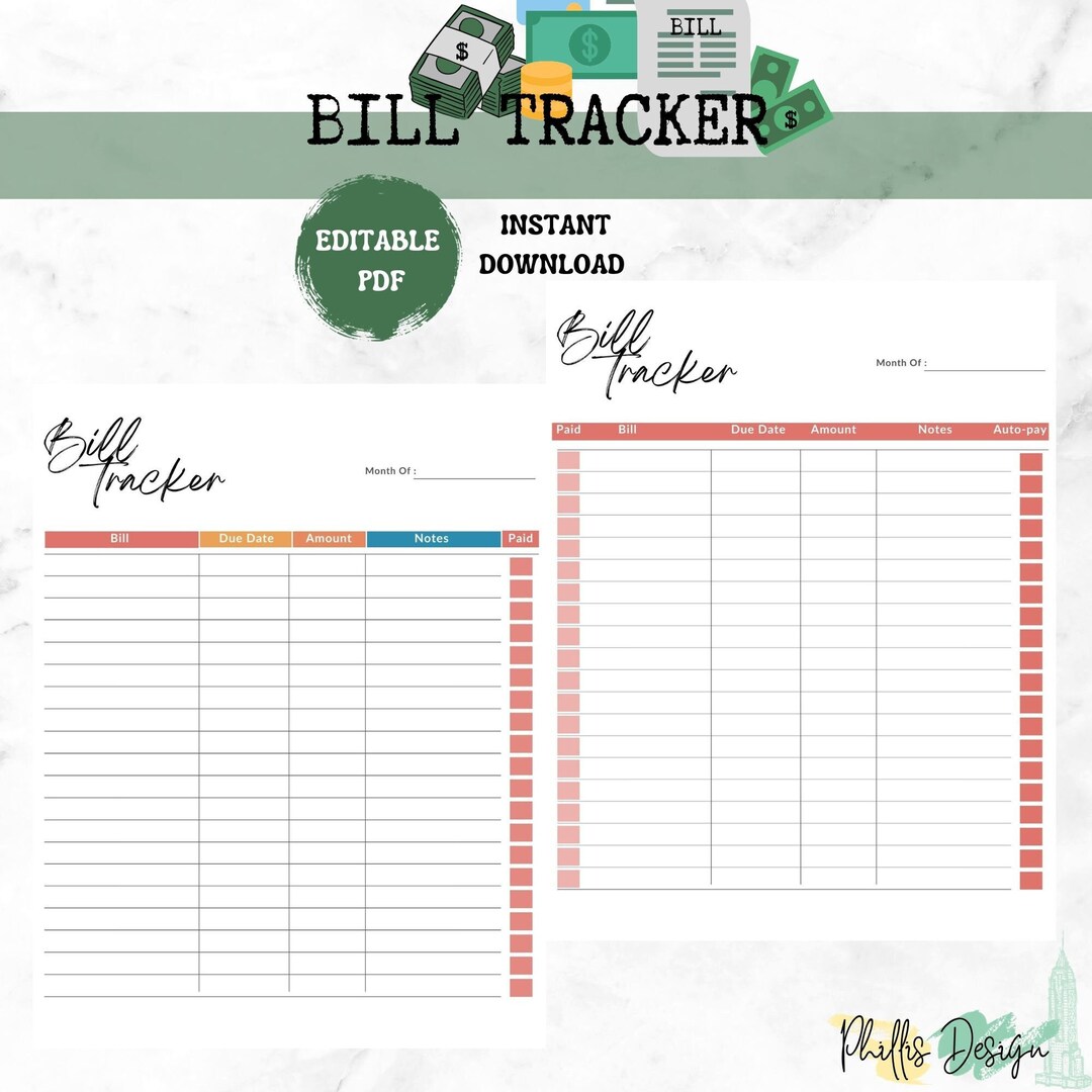 Editable Monthly Bill Tracker: Printable Bill Payment Organizer ...