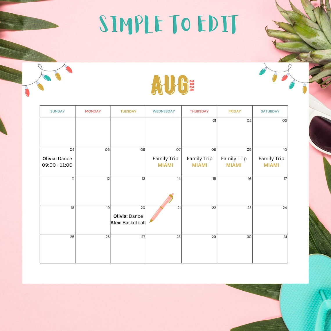 Printable Editable Summer Calendar|june, July, August,sept Calendar ...
