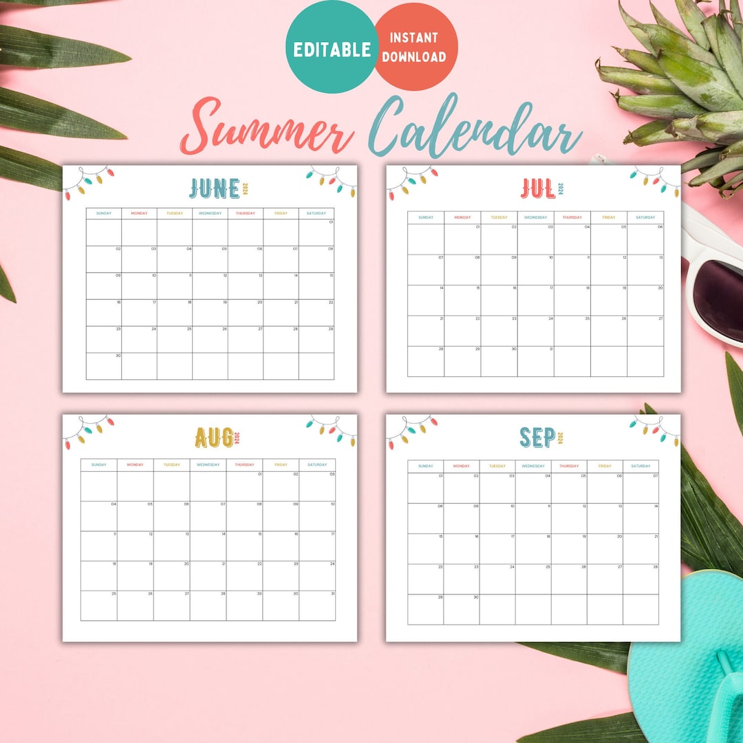 Printable Editable Summer Calendar|june, July, August,sept Calendar ...