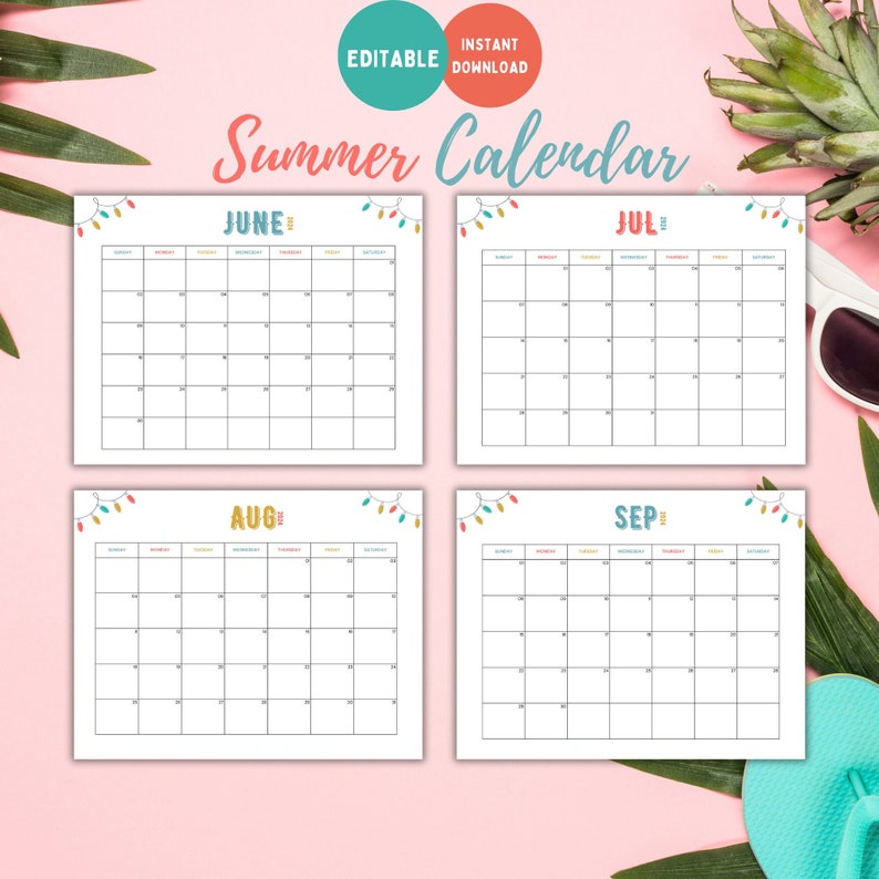 Printable Editable Summer Calendar|june, July, August,sept Calendar ...
