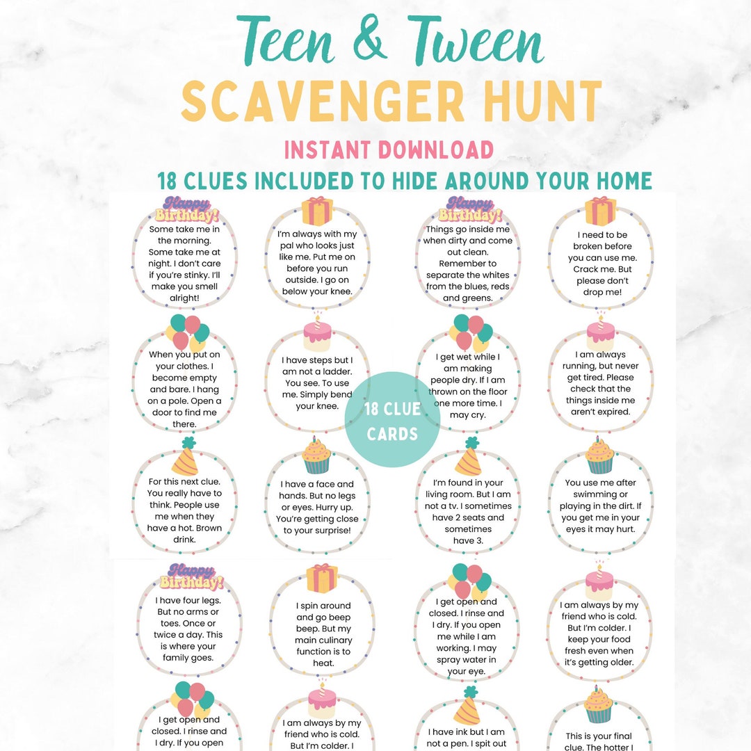 Teen Birthday Scavenger Hunt 18 Indoor Clues (printable) Etsy