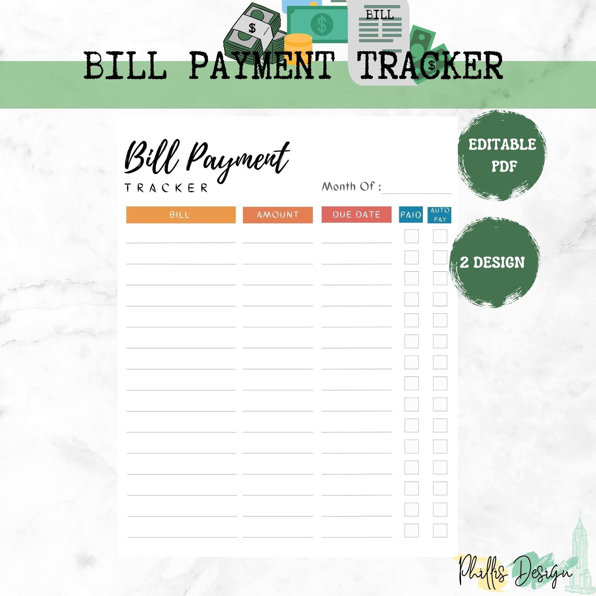 Editable Monthly Bill Payment Tracker|printable Bill Payment Checklist ...
