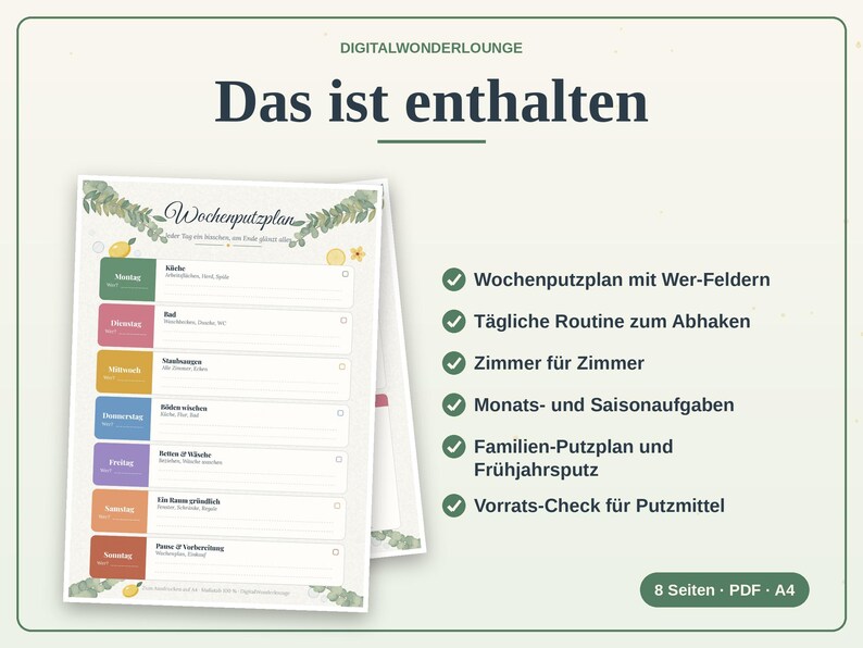 Putzplan zum Ausdrucken PDF Haushaltsplan Putzplaner Wochenplan Familie