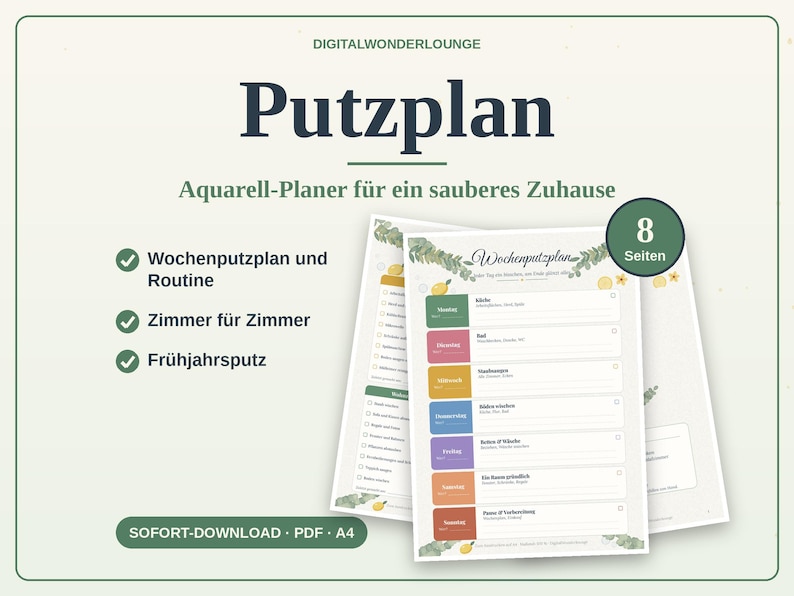 Putzplan zum Ausdrucken PDF Haushaltsplan Putzplaner Wochenplan Familie