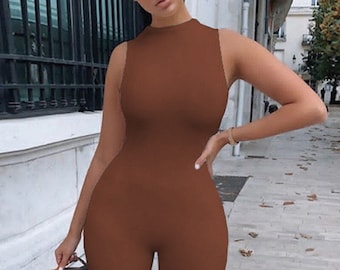 Bodysuit Brown|Sleeveless Jumpsuit| Reversible Jumpsuit Fashion |Bodycon Yoga Apparel|Women Sportswear Jumpsuit|Stretchy BodySuit|Casualwear