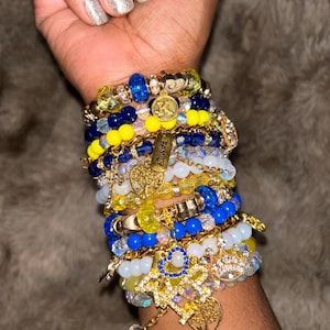Sigma Gamma Rho Bracelet Set: Royal Blue & Yellow Charm Bracelet Stack