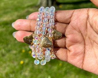 Iridescent Beaded Bracelet with Mom Heart Charm