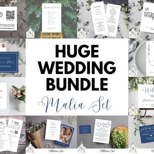 May include: A wedding stationery bundle with a blue and white color scheme. The bundle includes a variety of printable templates, such as save the dates, invitations, RSVP cards, and more. The text "Malia Set" is featured on several of the templates.