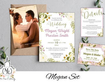 May include: Wedding invitation suite with floral designs. The invitation features a photo of a couple, the wedding date, and the location. The save the date card features a floral design and the text "Save the Date for the Wedding of Megan & Blake". The details card features a floral design and the text "Details".