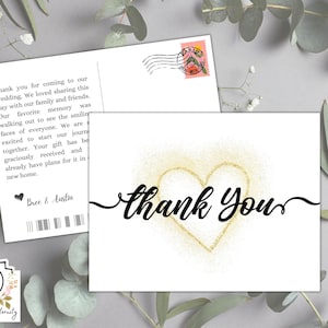 Postales de agradecimiento editables para bodas y ocasiones especiales: Conjunto Rosa, Plantilla fácil, Corazón dorado, personaliza y descarga imprimibles
