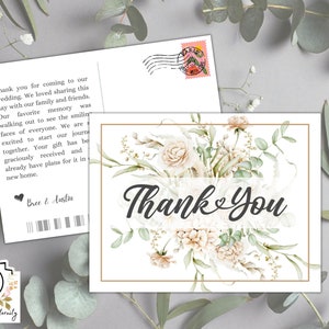 Postal de agradecimiento editable para bodas y otras ocasiones especiales: Sarah Set, Timeless White Roses, personaliza y descarga imprimibles