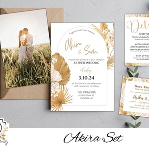 Bruiloft uitnodiging set-Akira set, huwelijksaankondiging, bewaar de datum en details kaarten, Boho, aanpassen en printables downloaden