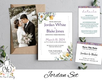 May include: Wedding invitation suite with a floral design. The invitation card features a watercolor floral illustration with a purple and green color scheme. The text on the card reads "With great joy Jordan White & Blake Jones announce their wedding March 10, 2024 at 4 o'clock in the afternoon. We would love to share this day with you The Paraskia 43 Old Town Rd Glendale, AZ". The save the date card features a floral design with a purple and green color scheme. The text on the card reads "Save the date for the wedding of Jordan & Blake 10 Mar at 7:00 PM 43 Old Town Rd Glendale, AZ". The details card features a floral design with a purple and green color scheme. The text on the card reads "Details Reception Join us for an evening of dinner and dancing immediately following the ceremony in the Great Hall. Accommodations Rooms are available at the Hilton hotel located at 300 Market Street, Glendale AZ. Please call 555-888-8884 and reference the Jones wedding for your discounted rate. Registration & More Please visit our wedding website www.joneswedding.com".