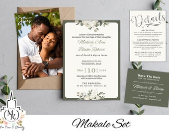 May include: A wedding invitation suite with a green and white floral design. The invitation features a photo of a couple embracing, with the text "Makale Ann to Blake Robert" and the date "Mar 10 2024". The save the date card features the text "Save The Date for the wedding of Makale & Blake" and the date "10 Mar | at 7:00 PM". The details card features the text "Details" and includes information about the reception, accommodations, and registration.
