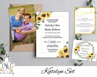 May include: Wedding invitation suite with sunflower and greenery designs. The invitation features the couple's names, wedding date, and location. The details card includes information about the reception, accommodations, and RSVP details. The save the date card features a sunflower wreath with the couple's names and wedding date.