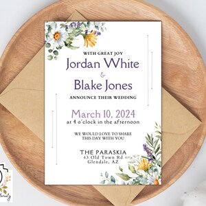 Aangepaste huwelijksuitnodiging - Jordan set, huwelijksaankondiging, madeliefjes, lavendel en wilde bloemen, download printables