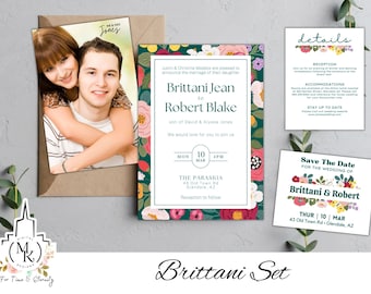 Editable Wedding Invitation Set- Brittani Set, Marriage Announcement, Save the Date, Details, artistic floral, Customize download printables