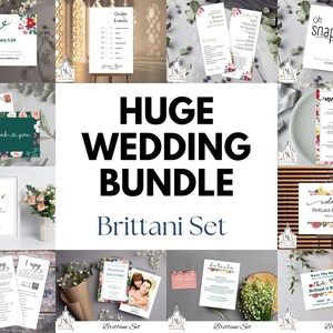 Pode incluir: Uma colagem de modelos de papelaria de casamento imprimíveis com designs florais. Os modelos incluem cartões RSVP, ordem dos eventos, menus, placas de boas-vindas e muito mais. O texto nos modelos inclui "RSVP até 3 de fevereiro de 2024", "Pedir eventos", "Oh Snap", "Menu", "Obrigado", "Favors", "I Spy", "Detalhes", "Bem-vindos Brittani & Robert", "Save The Date Brittani & Robert", e "Brittani Set".
