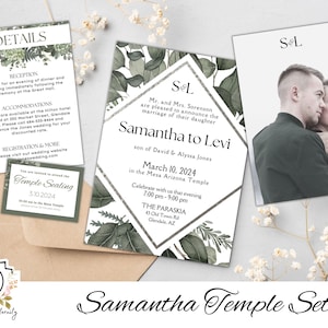 Invitaciones de boda SUD editables - Samantha, invitaciones para el templo, tarjetas con detalles, vegetación suculenta, personaliza y descarga imprimibles.
