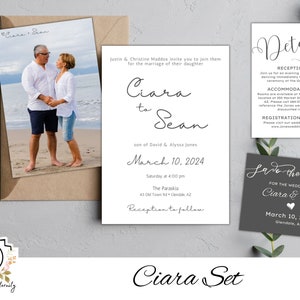 Aangepaste bruiloft uitnodiging set-Ciara set, huwelijksaankondiging, bewaar de datum en details kaarten, klassiek, aanpassen en printables downloaden