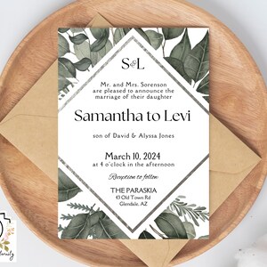 Invitación de boda personalizada - Conjunto Samantha, anuncio de matrimonio, vegetación, personaliza y descarga imprimibles