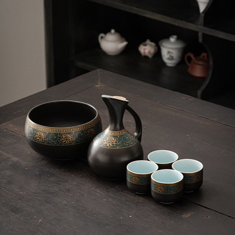 Japanese Ceramic Sake Set With Warmer Pot Porcelain Pottery Hot Saki