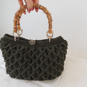 BonTon crochet drawstring bag with bamboo handles