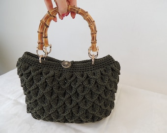BonTon crochet drawstring bag with bamboo handles