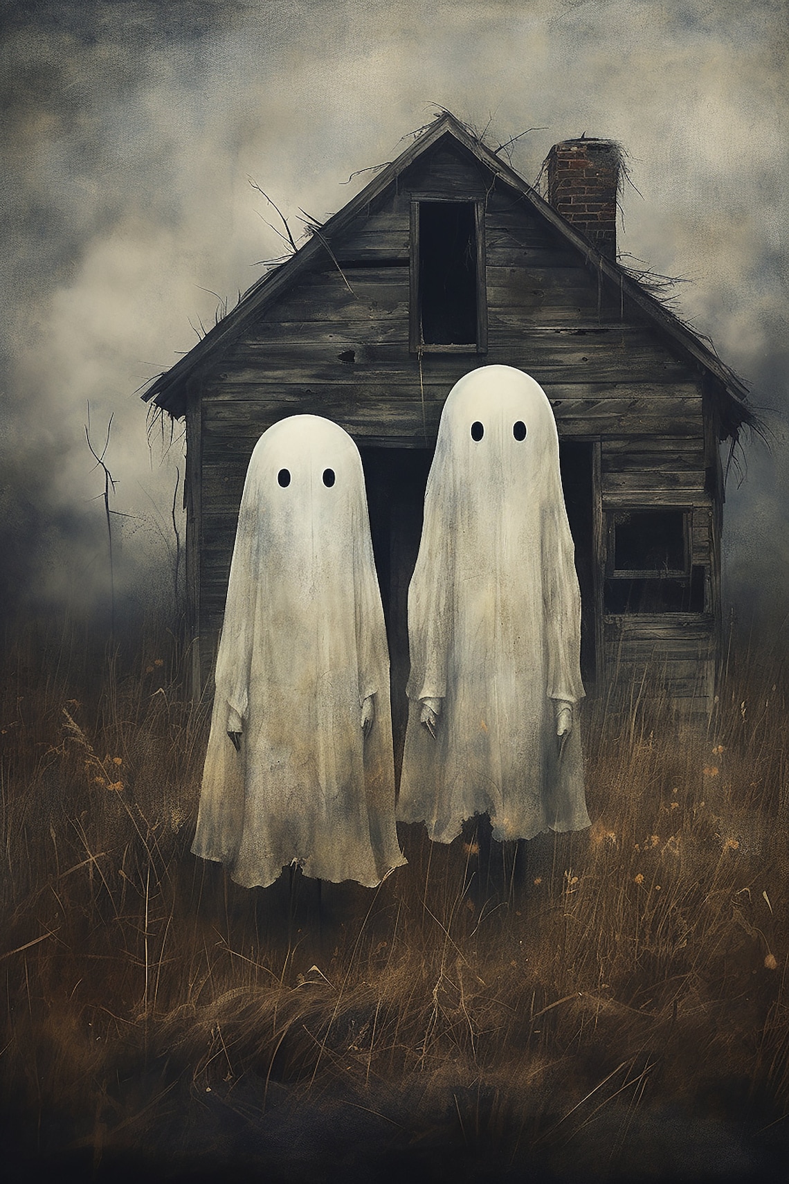 Ghost Holding Hands Poster, Sheeted Ghost Art Print, Cute Little Ghost Face Spooky Gothic