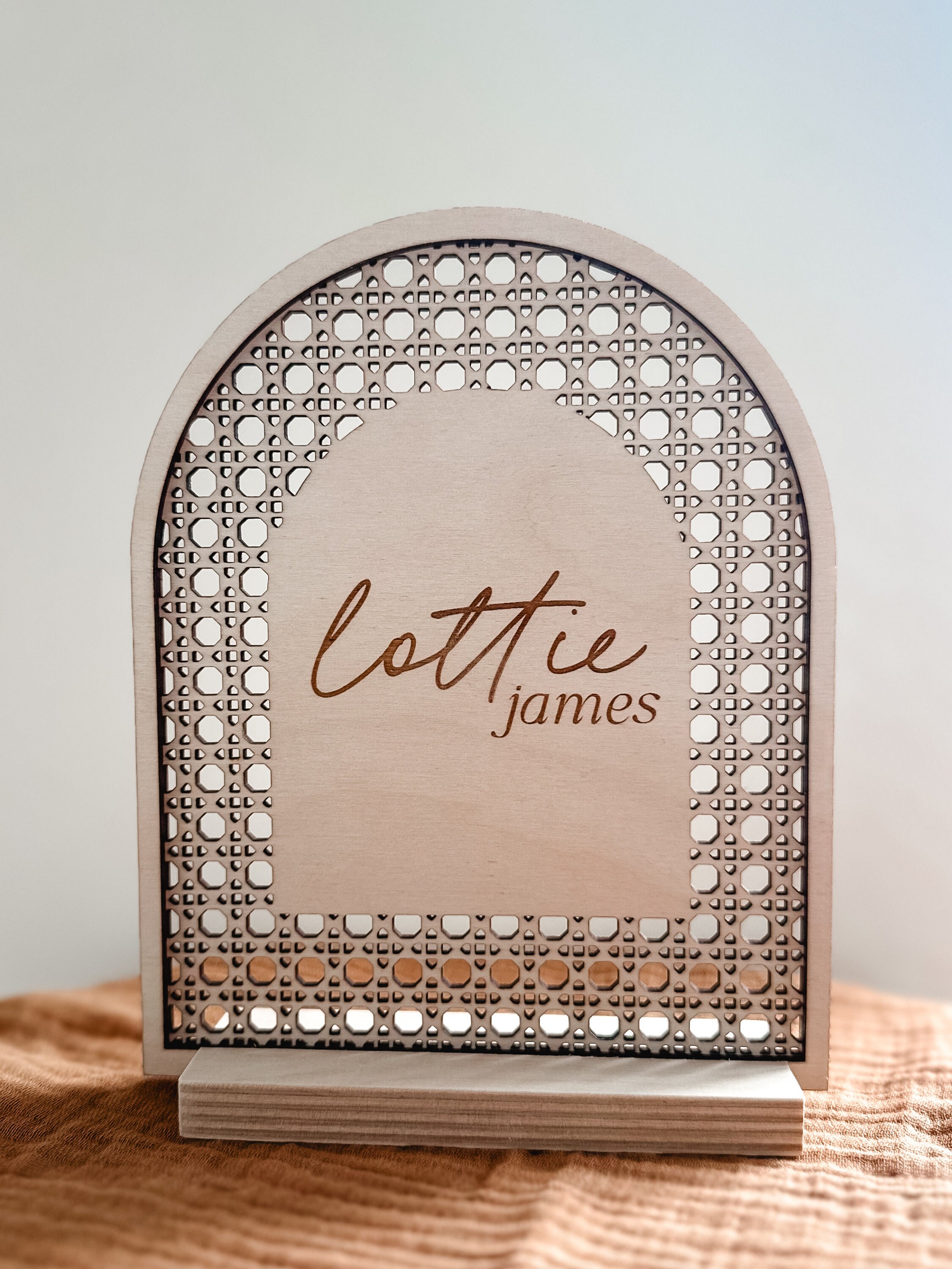 Boho Rattan Cane Flower Name Sign | Birth Announcement | Nursery Wall Decor
