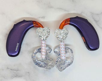 Silver sparkle hearts hearing aid/cochlear implant charms