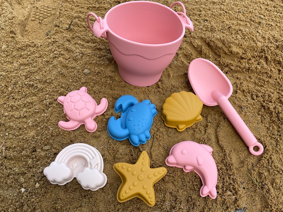 Silicone Beach Bucket, Shovel and 6pc Sand Toys BPA Free Silicone Sand
