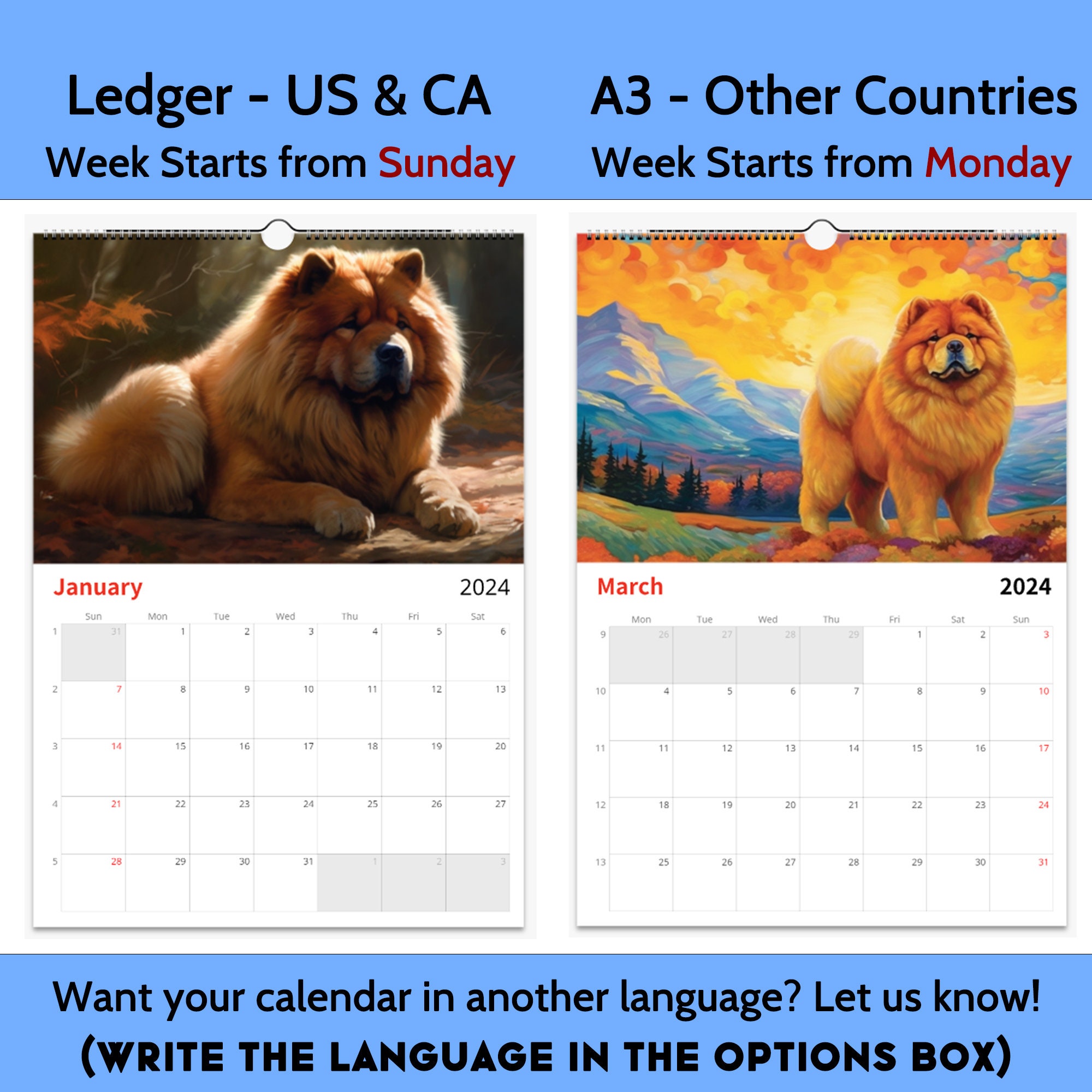 Chow Chow Calendar, Chow Chow Wall Calendar 2024, Gift Idea for Chow