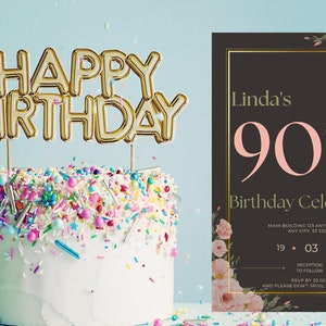 A Customisable 90th Birthday Invitation Template in Black, Gold and Floral