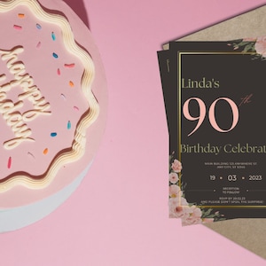 A Customisable 90th Birthday Invitation Template in Black, Gold and Floral