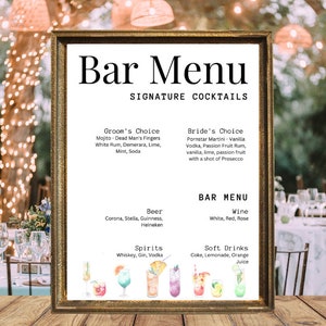 minimalist wedding bar menu sign, editable template, drink sign template, bar menu template, signature cocktail sign